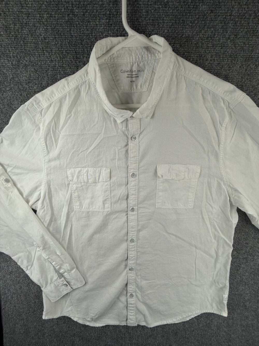 Calvin Klein CK Men Long Sleeve Button Up Shirt Cotton White XL Pockets Casual